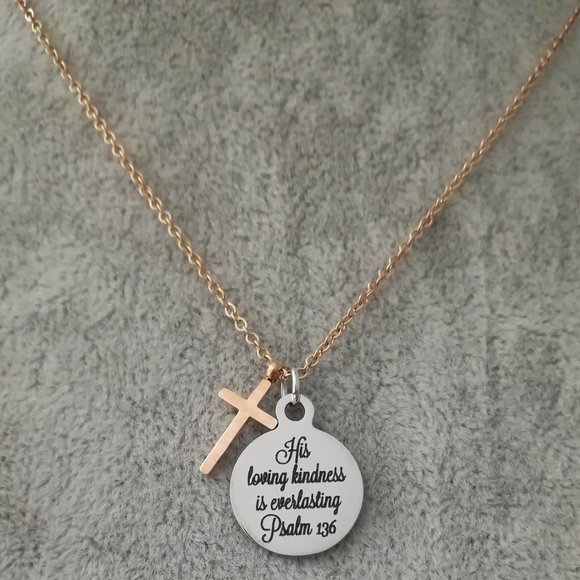 Rose Gold Cross Christian Bible Verse Scripture Necklace - Picture 2 of 4